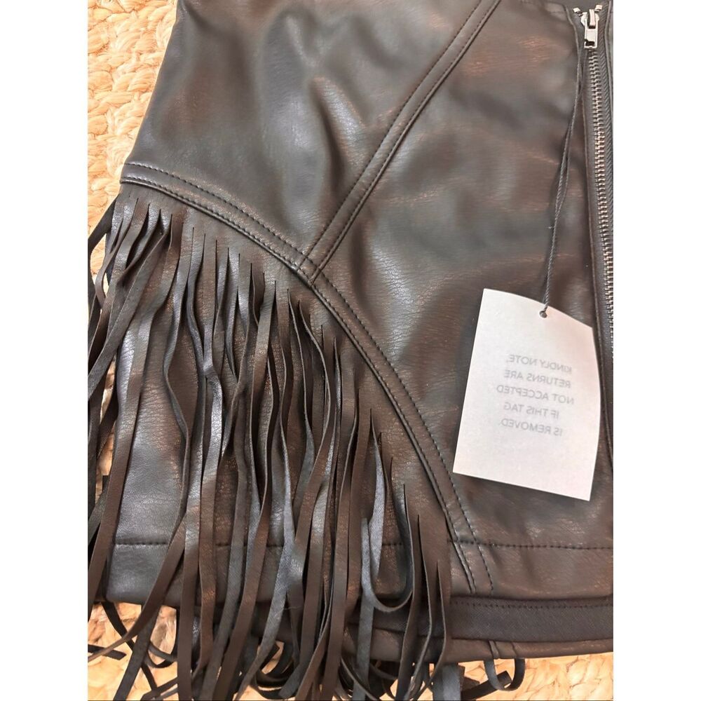 NWT Superdown Black Faux Leather Fringe Mini Skirt Zip Front Western Y2K, Small - Picture 3 of 7